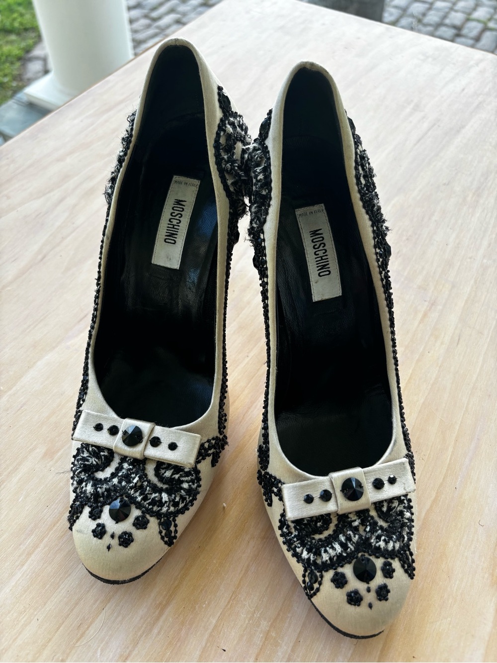 Moschino Ivory and Black Beaded Bow Pumps